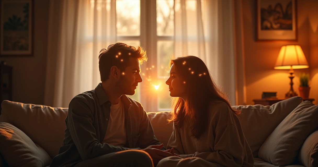 Duas pessoas conversando em ambiente confortável, com linhas sutis representando conexão emocional entre elas
