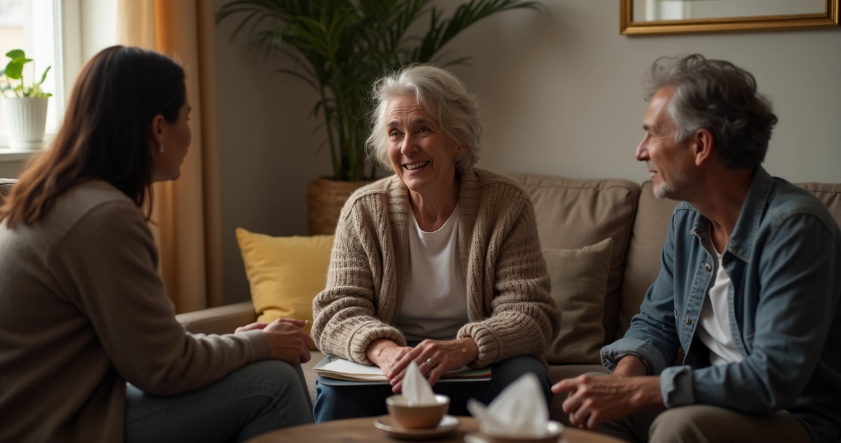 Três pessoas sentadas conversando em círculo, expressando emoções diversas 