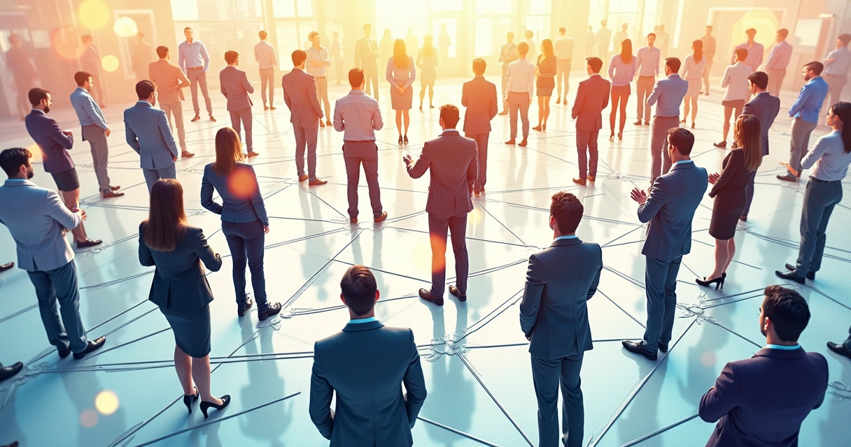 Desenho de pessoas interligadas por linhas representando relações organizacionais 