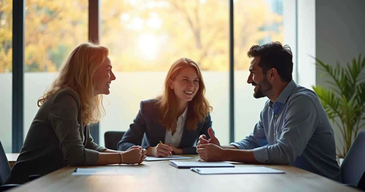 Três colegas conversando abertamente em uma sala de reunião iluminada. 