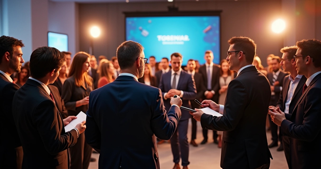 Jornalistas entrevistando executivo em evento corporativo 