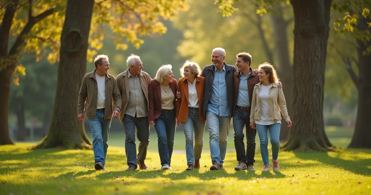 Pessoas de diferentes idades e etnias caminhando lado a lado em um parque, demonstrando harmonia e vínculo. 