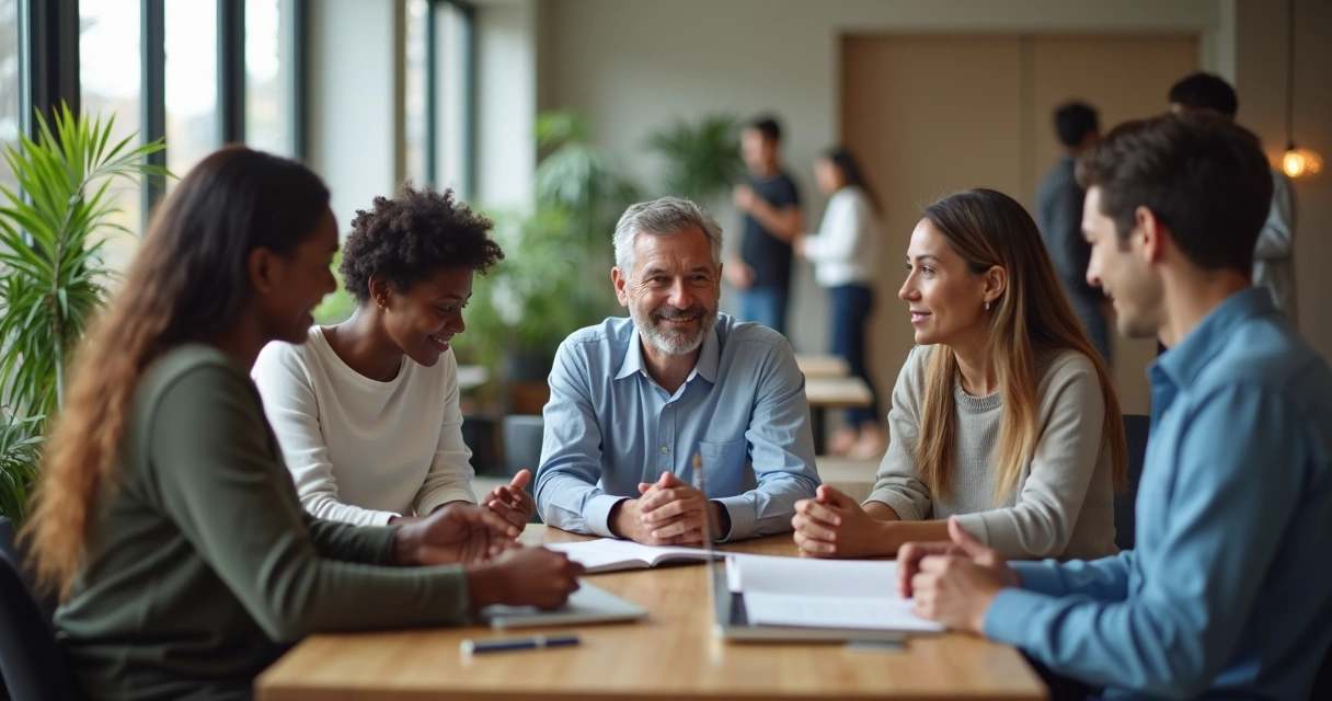 Grupo diverso conversando de forma acolhedora em ambiente de trabalho 