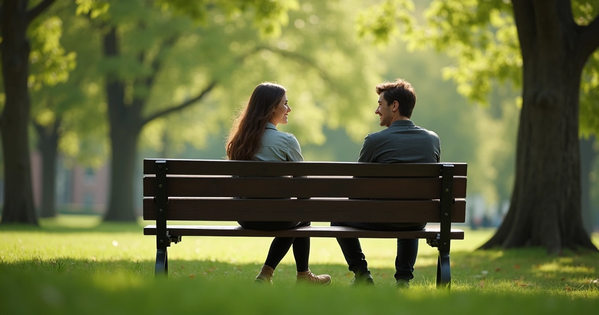 Dois amigos conversando em parque arborizado 