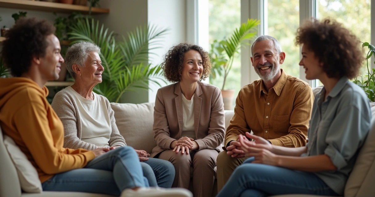 Grupo de pessoas interagindo de forma harmônica, transmitindo equilíbrio e bem-estar.