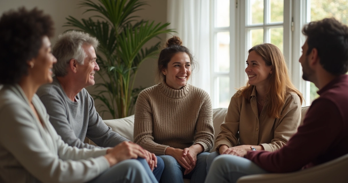 Grupo de pessoas conversando em círculo, expressão leve, clima acolhedor e harmônico