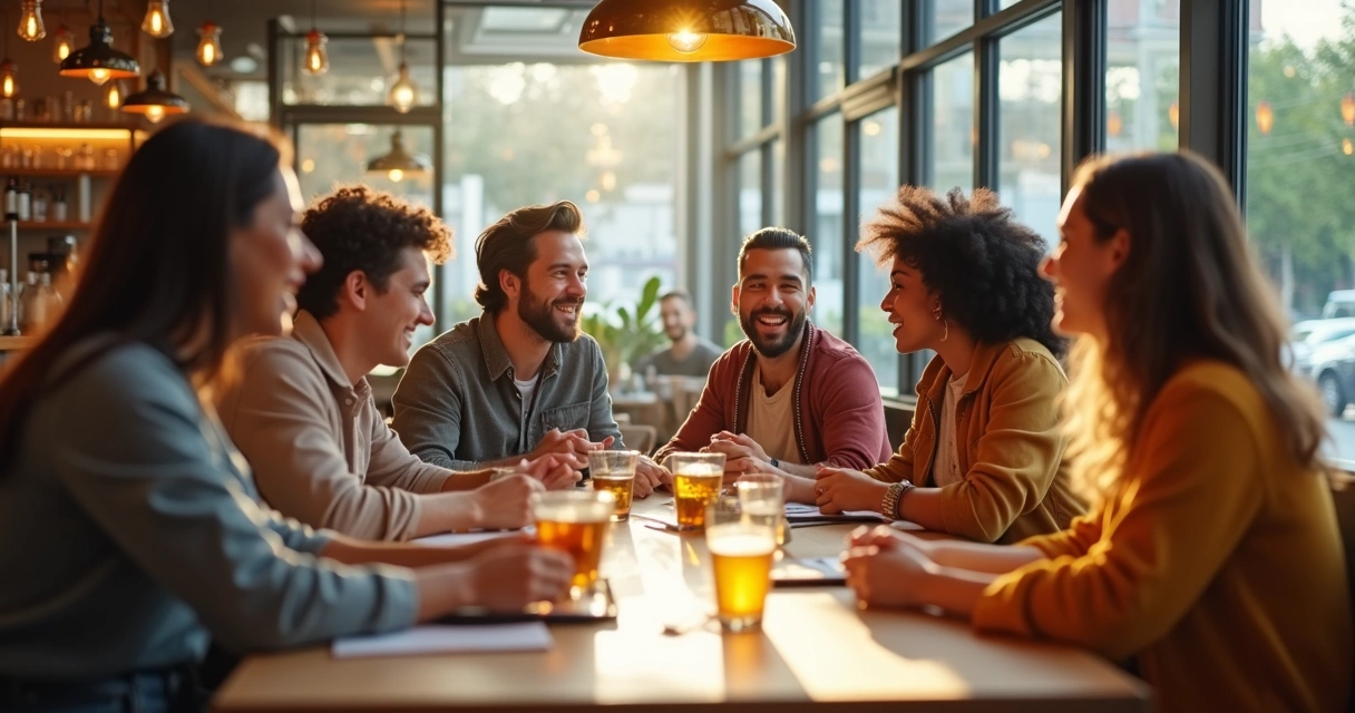 Grupo de amigos conversando animadamente em cafeteria moderna 