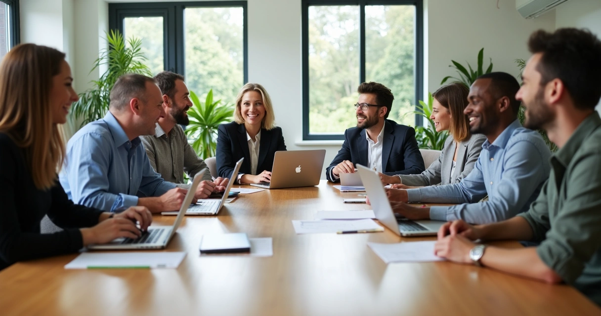 Pessoas ao redor de uma mesa de reunião sorrindo e interagindo 
