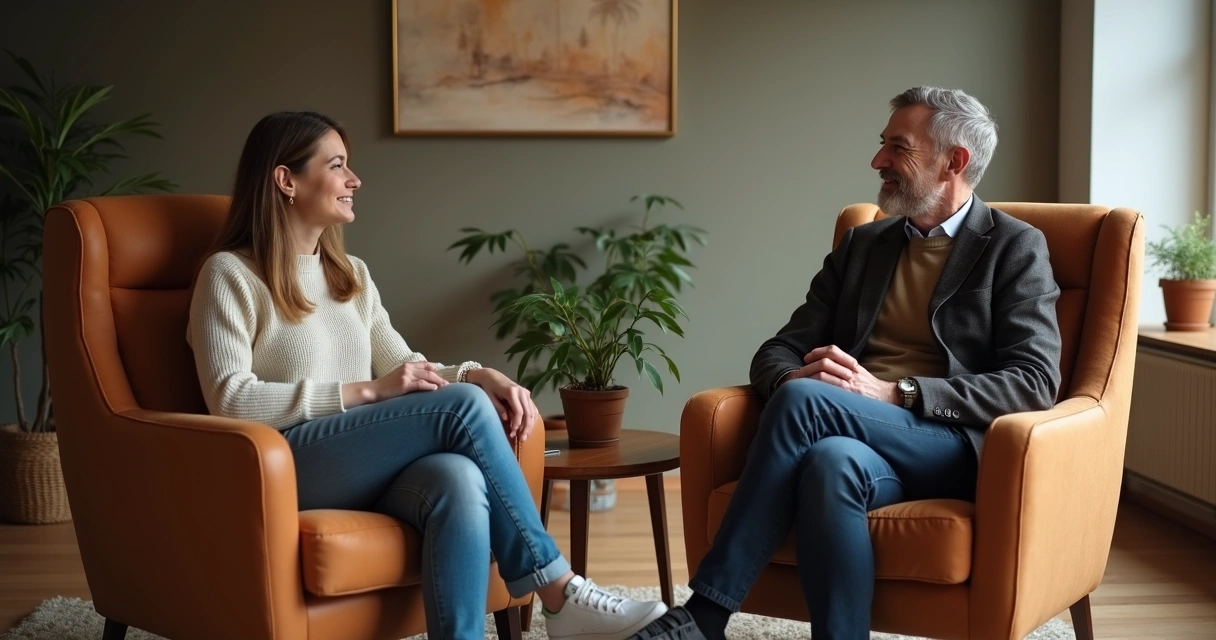 Duas pessoas dialogando sentadas em cadeiras com expressão serena 