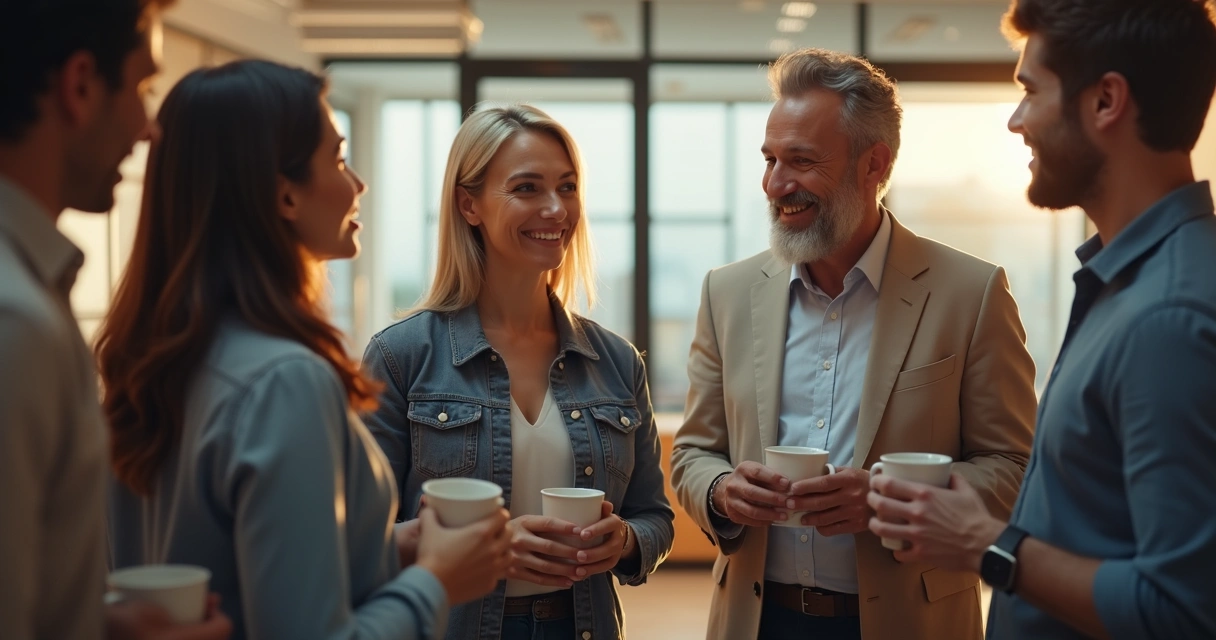 Colegas sorrindo e conversando em roda em ambiente de trabalho