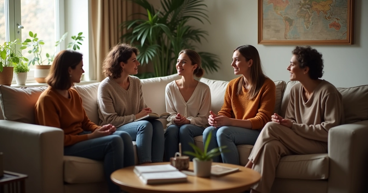 Grupo de pessoas conversando e apoiando-se em ambiente confortável 