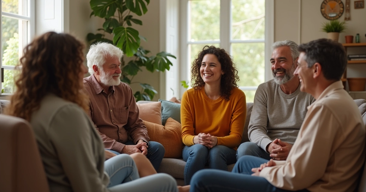 Grupo de pessoas em círculo, trocando olhares e sorrisos, em um ambiente iluminado e acolhedor. 