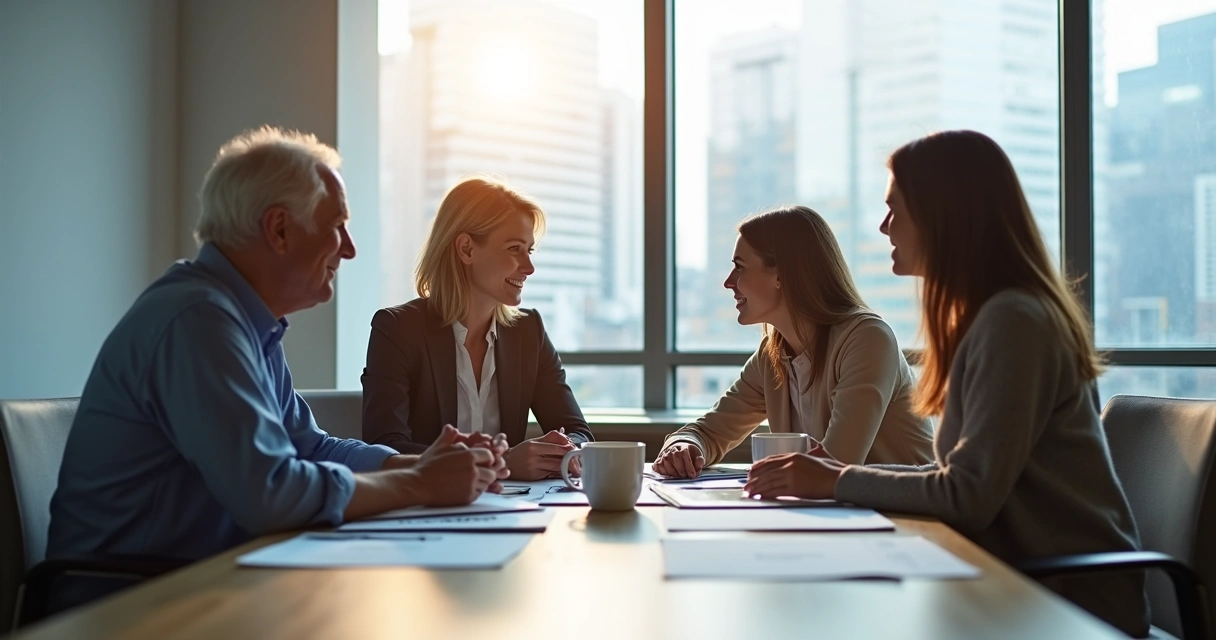 Três pessoas conversando em um ambiente de trabalho, focadas no diálogo e trocando ideias 
