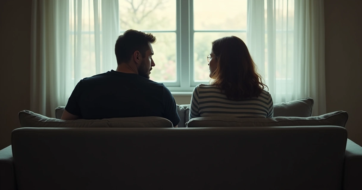 Duas pessoas sentadas de costas uma para a outra em silêncio