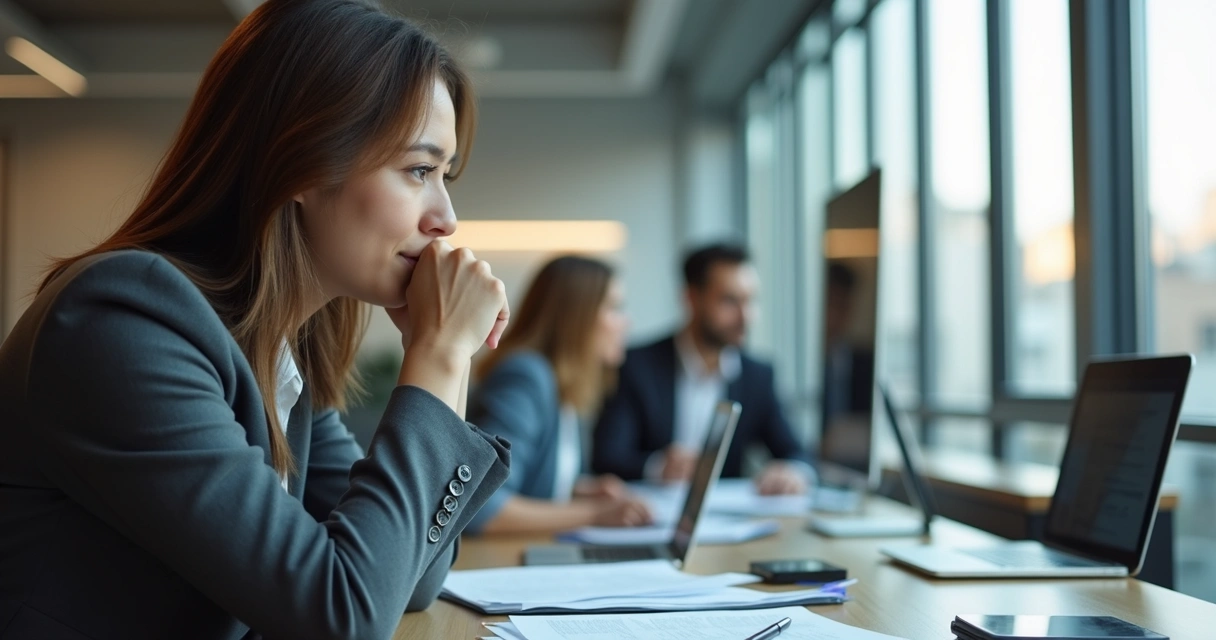 Pessoa sentada à mesa de escritório, olhando pela janela, com papéis e canetas à frente, simbolizando reflexão 