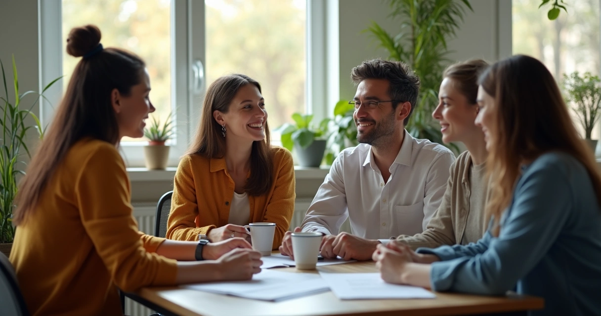 Colaboradores sentados em roda, conversando e sorrindo, representando relações de trabalho colaborativas