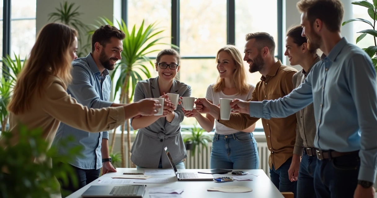 Equipe reunida celebrando em ambiente corporativo 