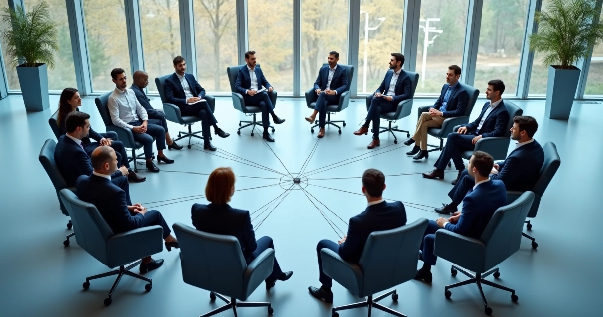 Conexões entre funcionários em círculo, representando relações sistêmicas.