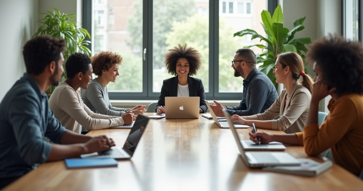 Equipe em reunião com destaque para diferentes reações emocionais no ambiente de trabalho 