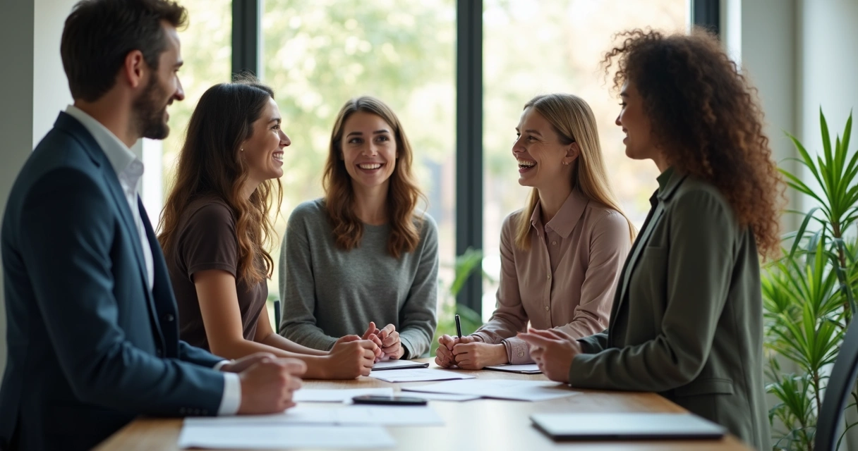 Colaboradores sorrindo e compartilhando ideias em um escritório moderno 