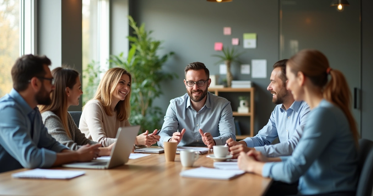 Equipe diversa em reunião informal com clima de confiança e autenticidade 