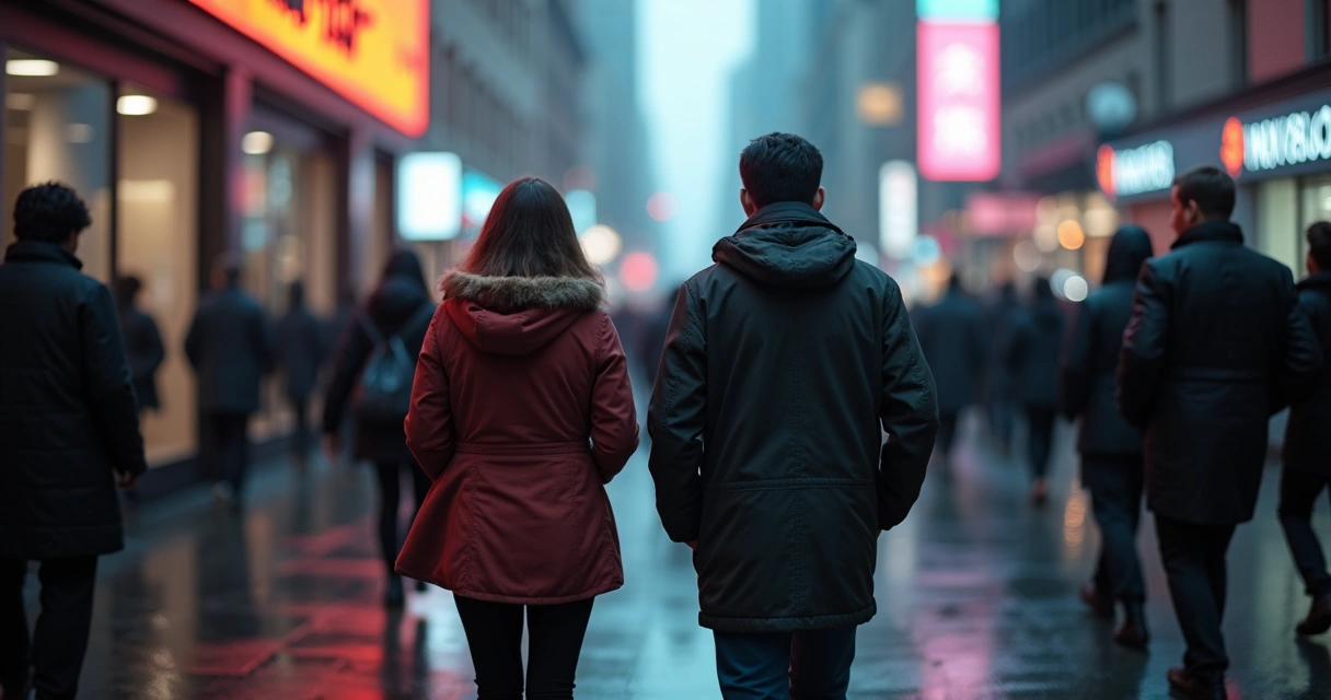 Duas pessoas caminhando em silêncio lado a lado, imagem de distanciamento em área urbana.