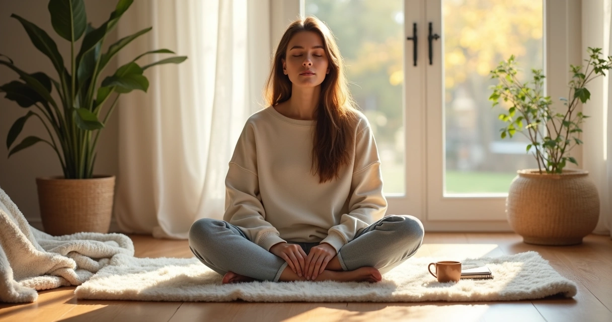 Persona relajada meditando en casa junto a una ventana luminosa