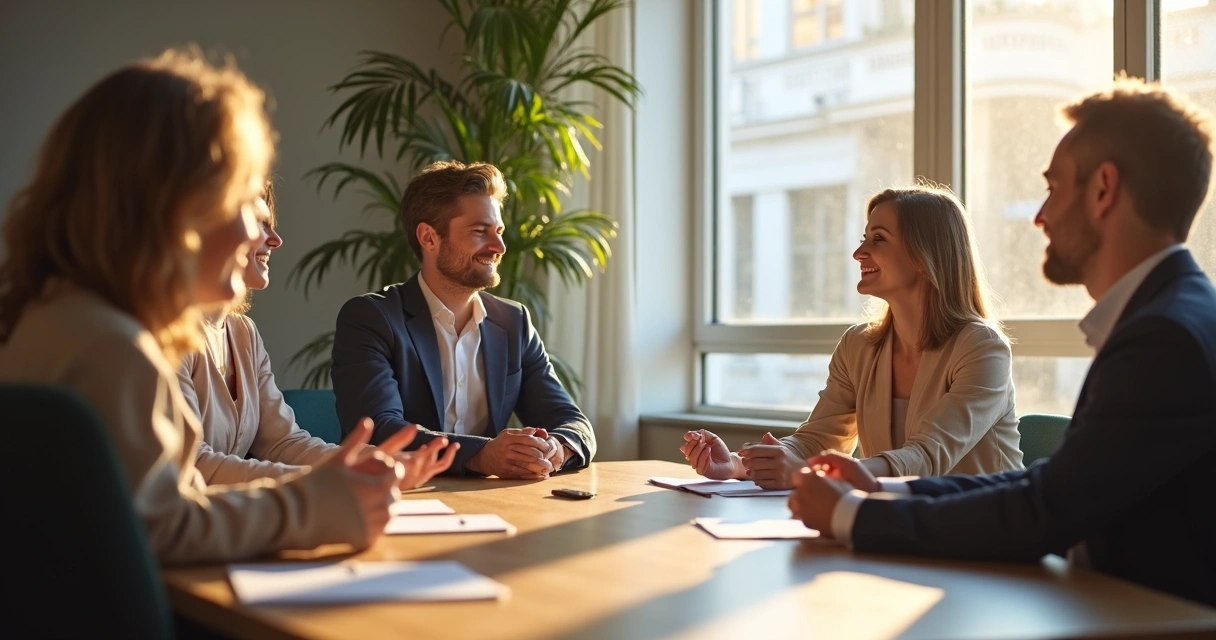 Directivos relajados después de una sesión de meditación en la sala de reuniones 