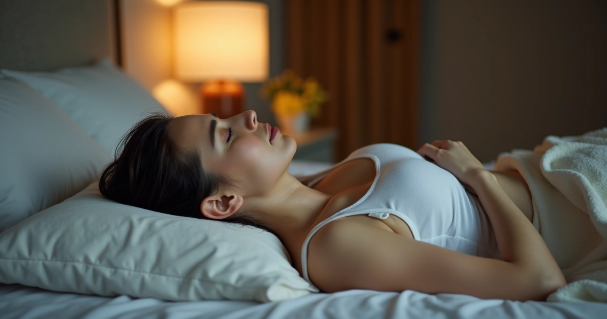 Persona acostada sobre la cama, ojos cerrados, con una expresión de relax durante una meditación nocturna 