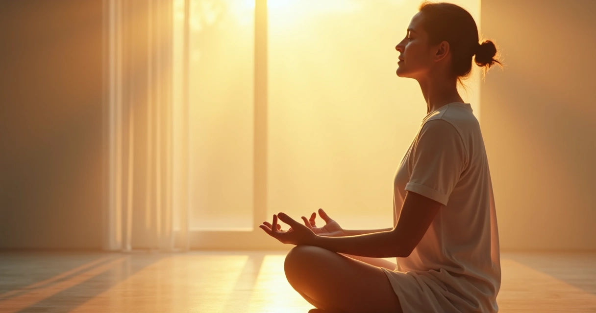 Persona sentada en posición de meditación, ojos cerrados, rodeada de luz suave 