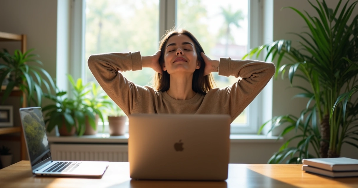 Persona trabajando en casa haciendo ejercicios de relajación 