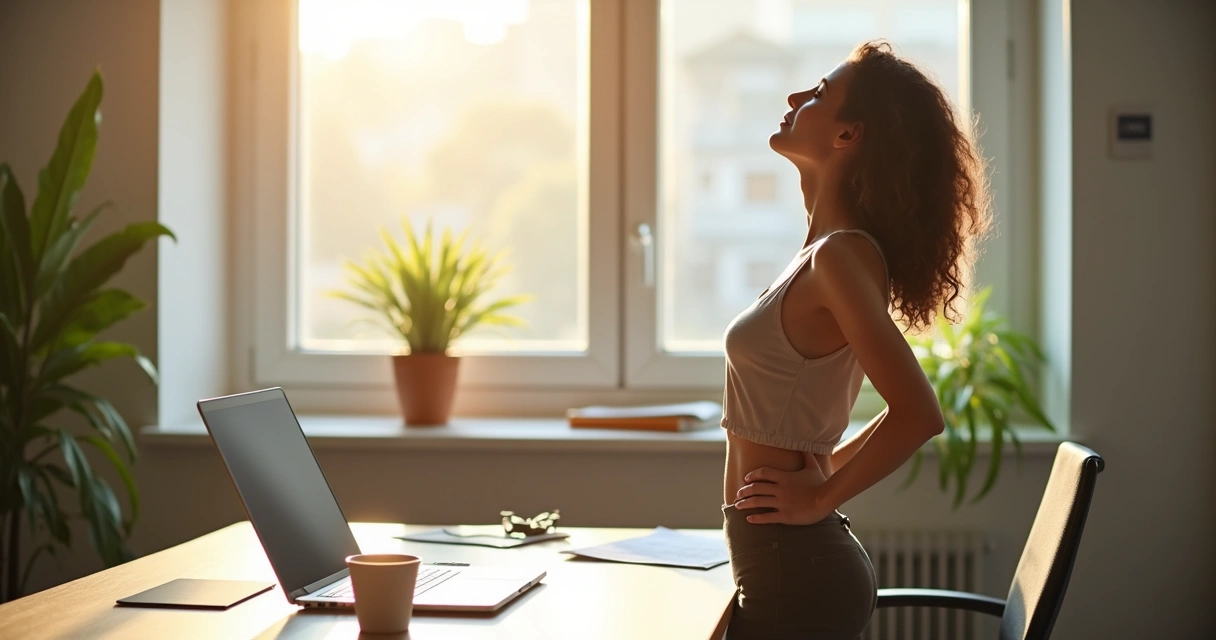 Persona haciendo estiramientos breves en su sitio de trabajo 