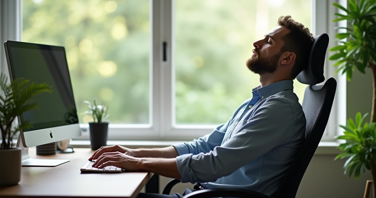 Hombre sentado en su oficina haciendo pausa de relajación con los ojos cerrados 