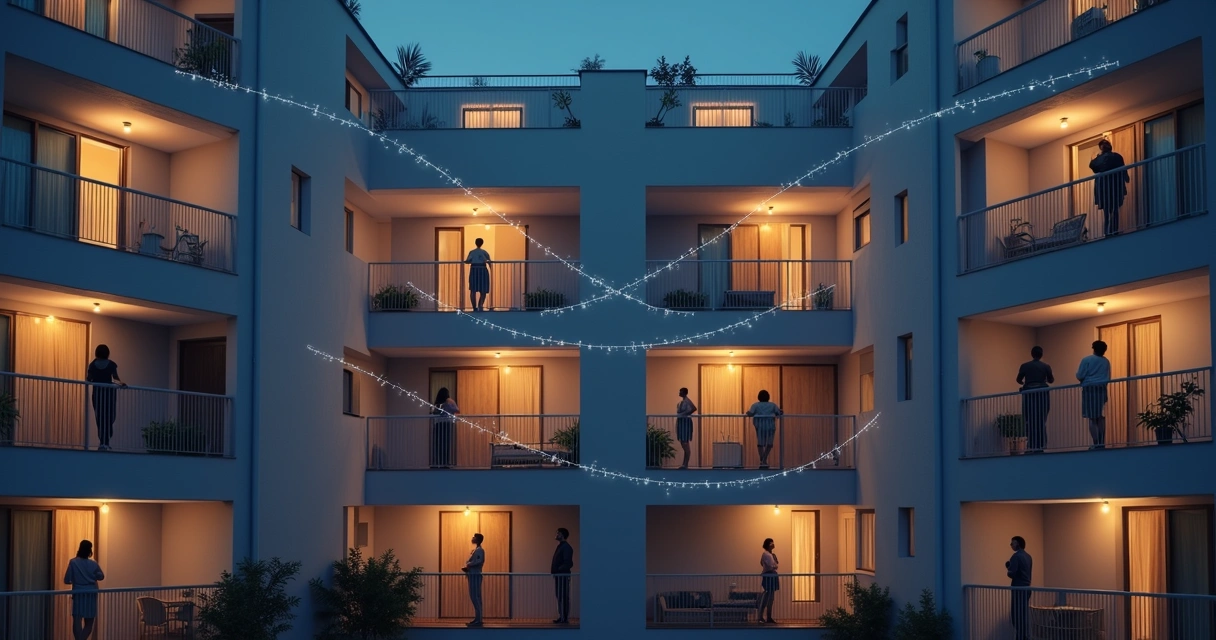 People on balconies connected by subtle glowing threads 