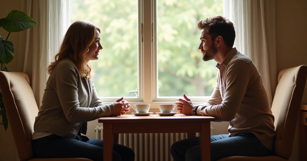 Two people engaged in genuine conversation at a table