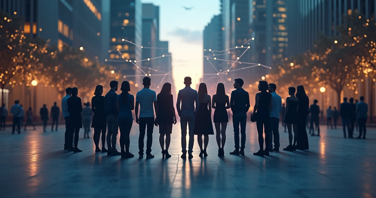 Multiple human silhouettes interconnected by glowing lines in an urban setting 