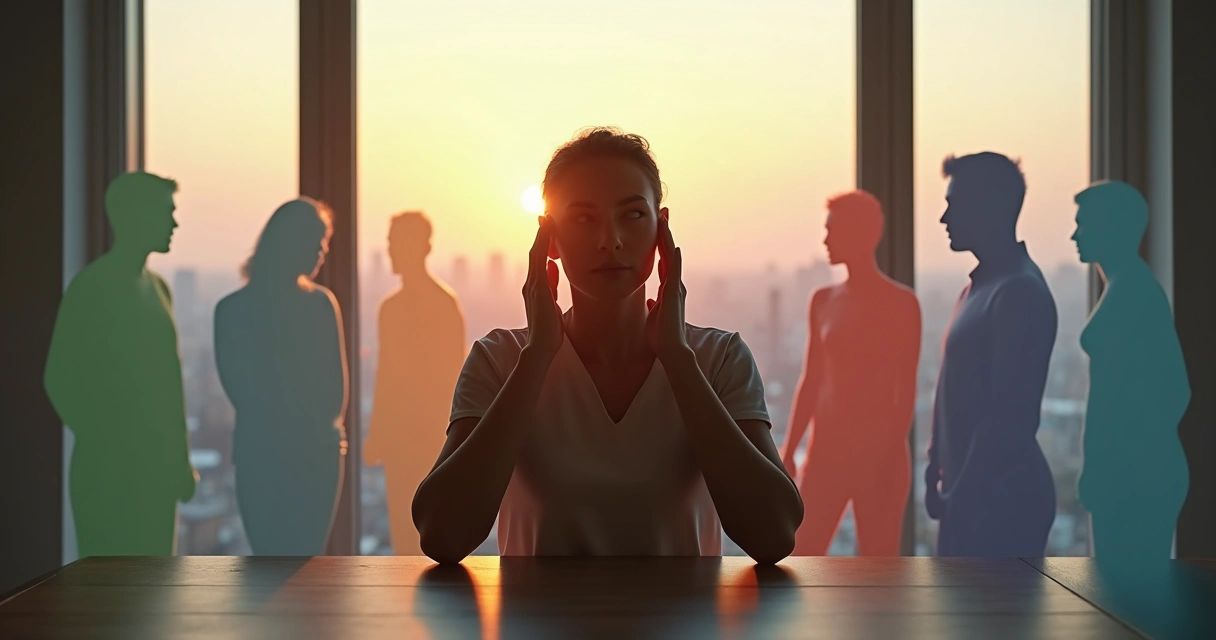 Person surrounded by six subtle energy silhouettes influencing their mindset 