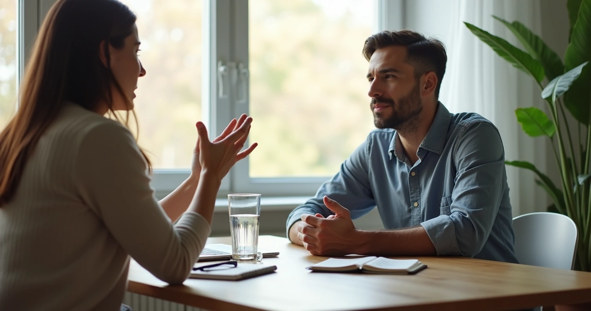 Two people in deep conversation sharing thoughtful feedback at a table 