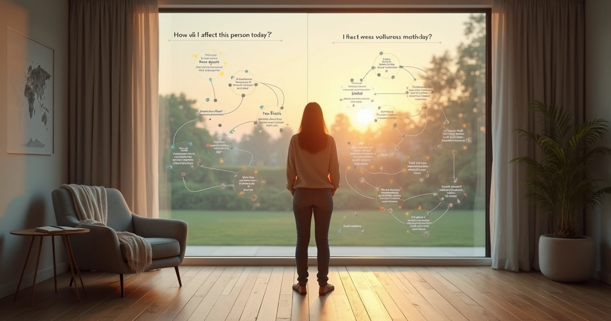 Person using a large transparent wall chart to reflect on relational patterns 