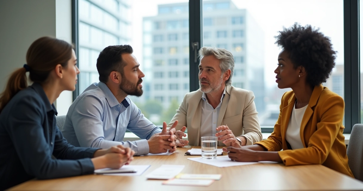Diverse group in calm discussion around a table practicing conflict resolution 