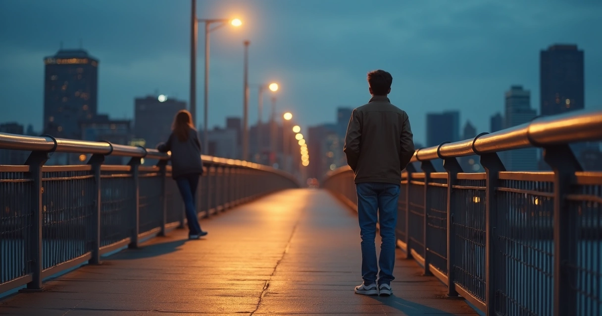 Two people standing apart on a pedestrian bridge at dusk, facing opposite directions 