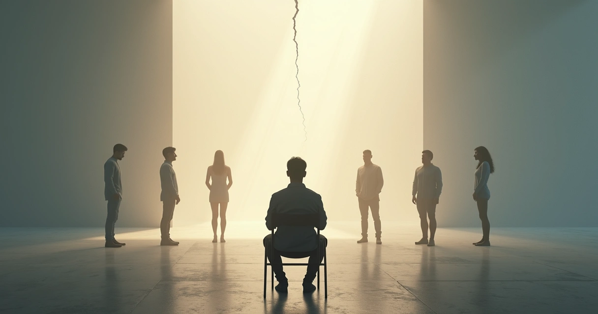 Silhouettes separated by a cracked light path symbolizing hidden relational traps 