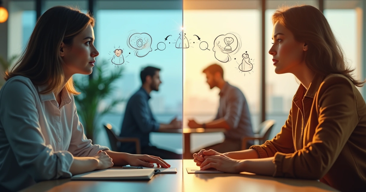 Split screen of two people connected by dialogue and self-reflection icons 