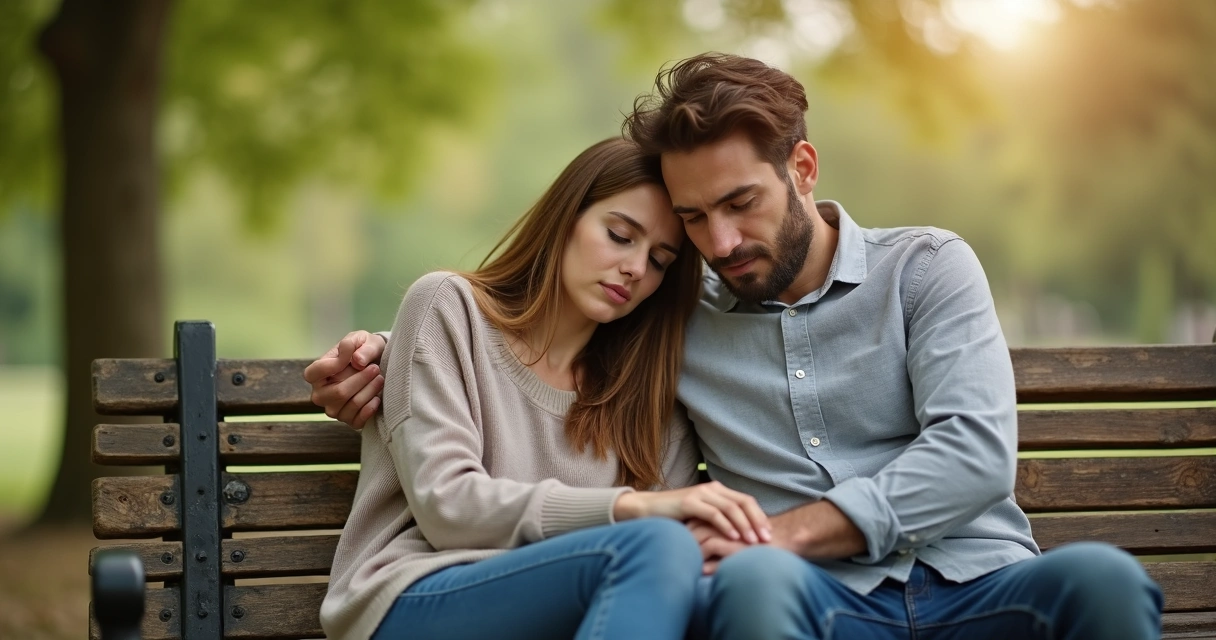 Couple sitting on a bench, one partner comforting the other 