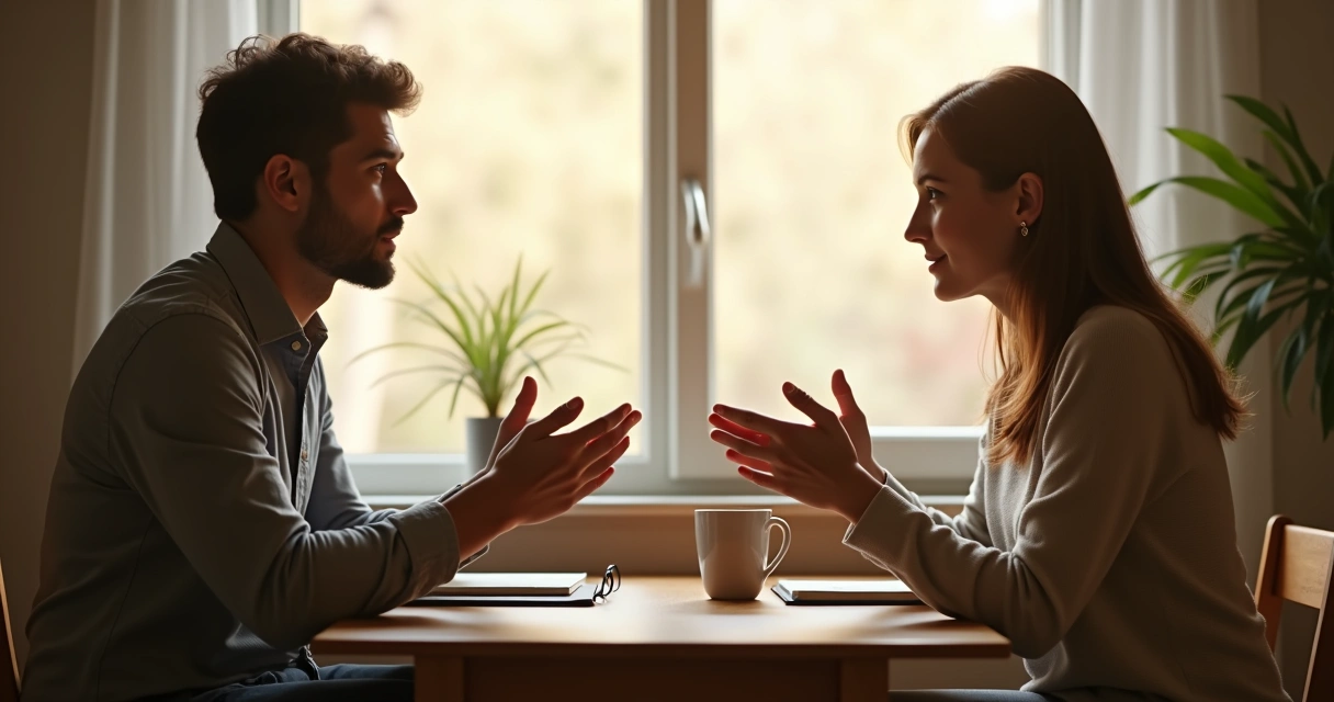 Two adults having an open conversation at a table, warm light, body language showing healthy boundaries