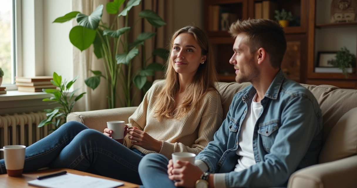 Couple sitting together having a focused conversation with visible notepad between them.