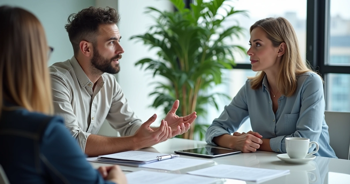 Two people in a business meeting, discussing work over a table 