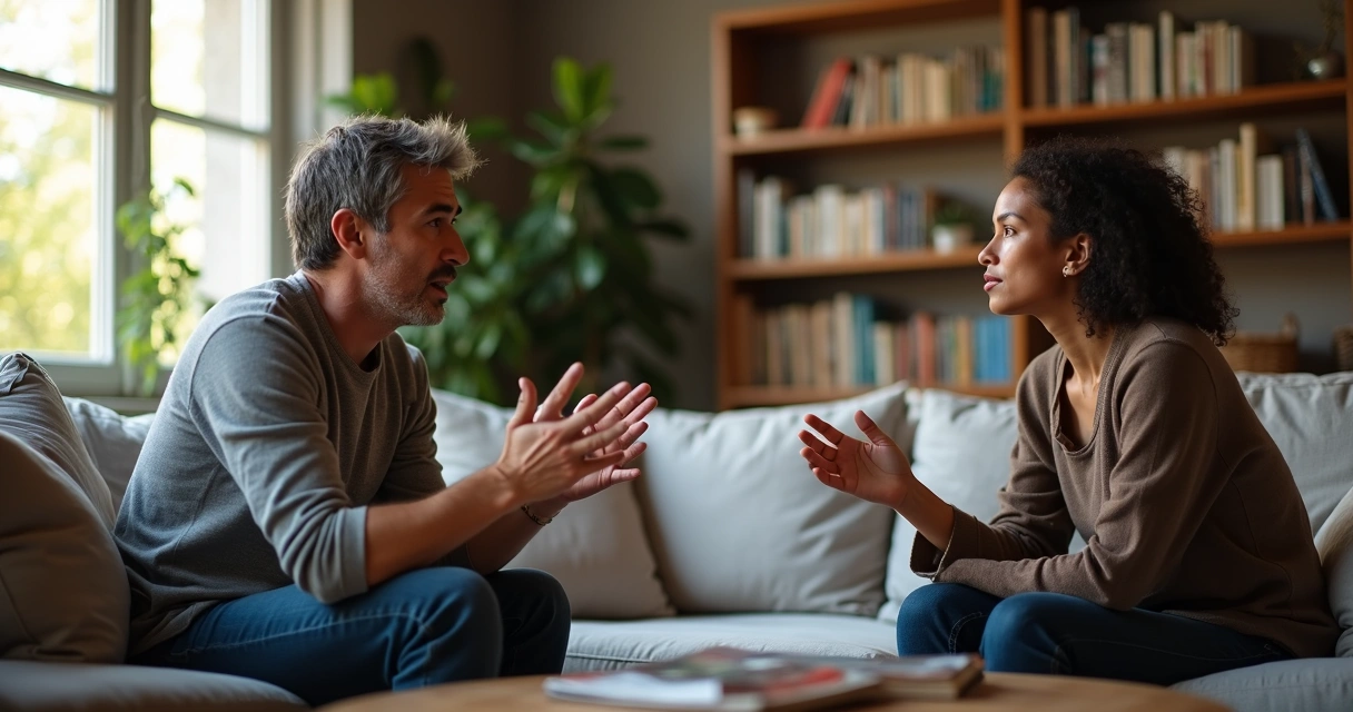 Two people sitting in a living room, one speaking and gesturing, the other listening quietly 