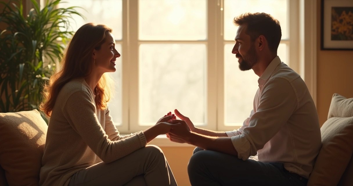 Couple sitting together in gentle conversation with sunlight creating a warm atmosphere. 
