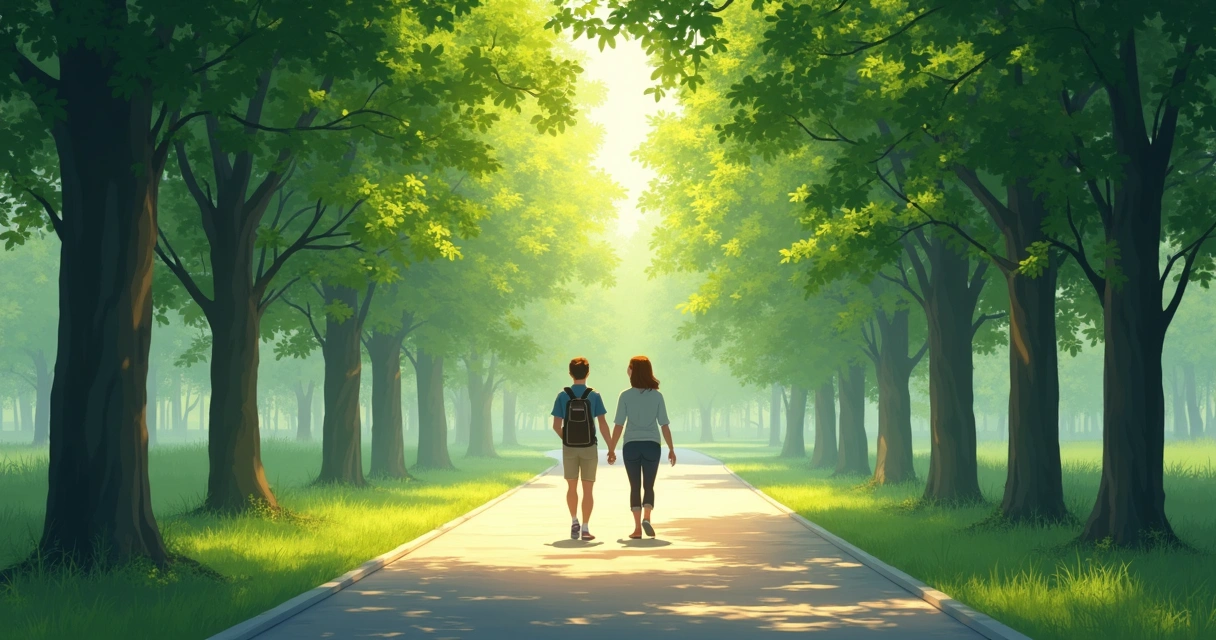 Pathway with two people walking side by side in a park setting, surrounded by green trees